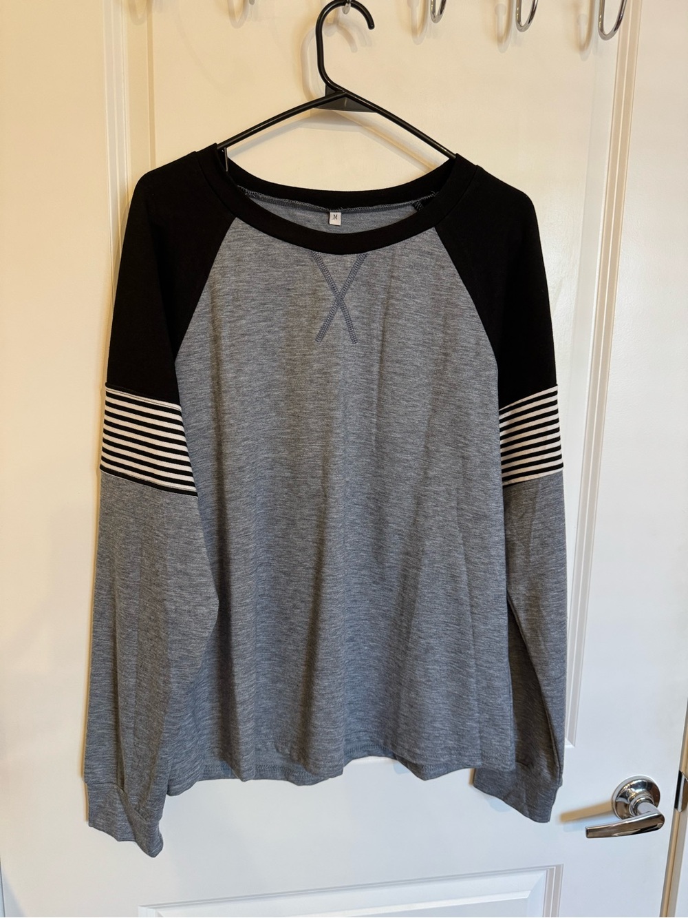 Grey & Black Raglan Long Sleeve Top with Striped Sleeve Detail